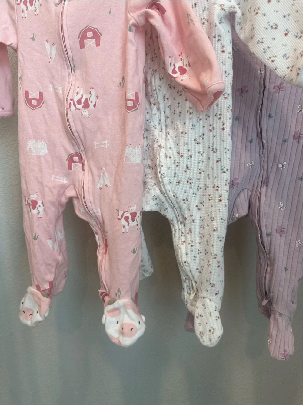 Carter's Pink, White and Purple Baby Footed One-Pieces - Farm & Floral Prints